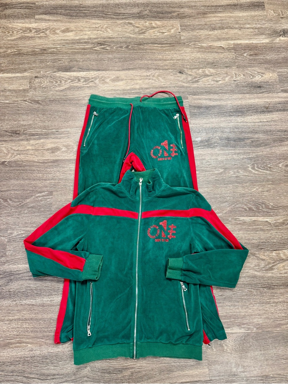 Jordan Craig Velour Tracksuit Set Green Red Full Zip Jacket Pants L
